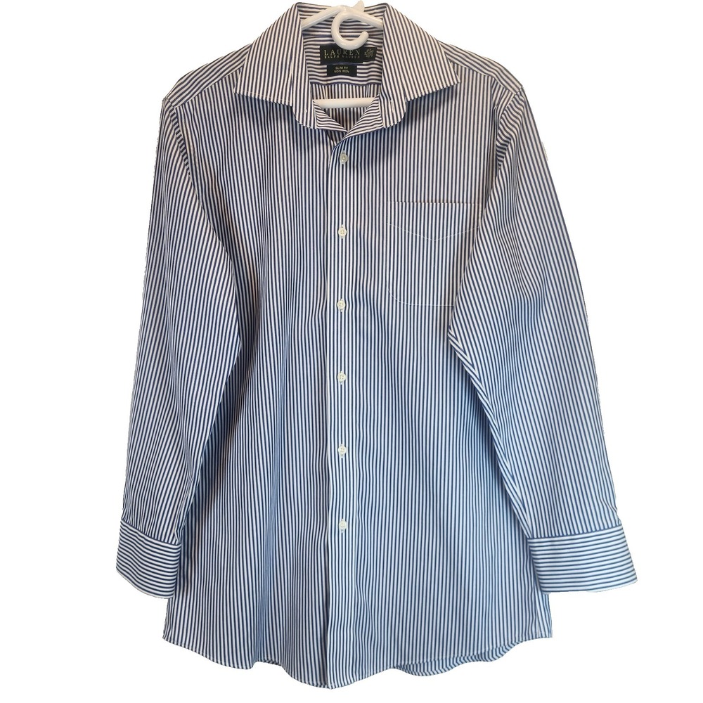Lauren Ralph Lauren Men's 16 Slim Fit Non-Iron Shirt Blue White Striped Shirt